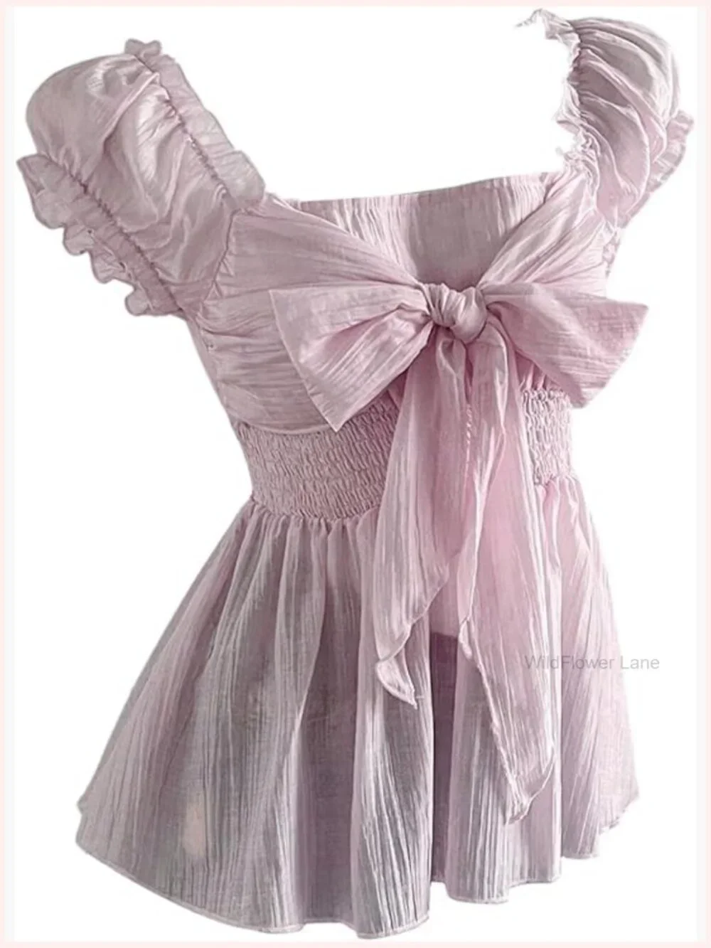 Women's Summer Puff Sleeve Peplum Blouse Tie Bow Chiffon Top - Picture 1 of 5